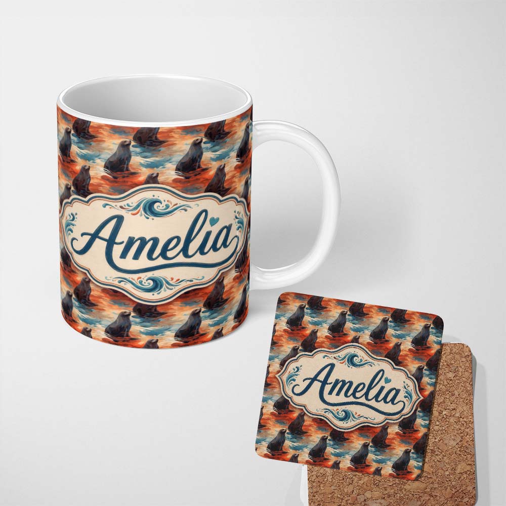Personalized Custom Name Bright Blue Ocean Seal Swimming Waves Artistic Seamless Pattern 11oz Ceramic Coffee Tea Mug White Large Handle