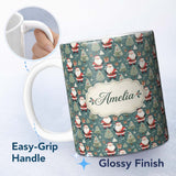 Personalized Custom Name Cute Santa Trees Gifts Snowflakes Teal Christmas Whimsical Festive 11oz Ceramic Coffee Tea Mug White Large Handle
