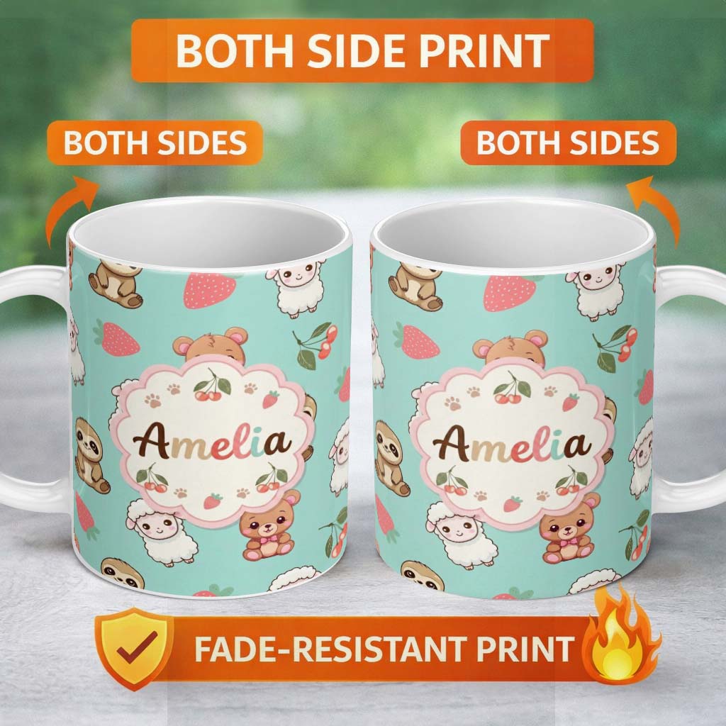 Personalized Custom Name Cute Bear Sloth Lamb Cherry Strawberry Seamless Pattern on Mint 11oz Ceramic Coffee Tea Mug White Large Handle