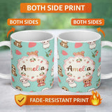 Personalized Custom Name Cute Bear Sloth Lamb Cherry Strawberry Seamless Pattern on Mint 11oz Ceramic Coffee Tea Mug White Large Handle