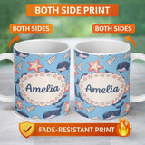Personalized Custom Name Cute Kawaii Whale Starfish Seashell Ocean Animals Blue Background 11oz Ceramic Coffee Tea Mug White Large Handle