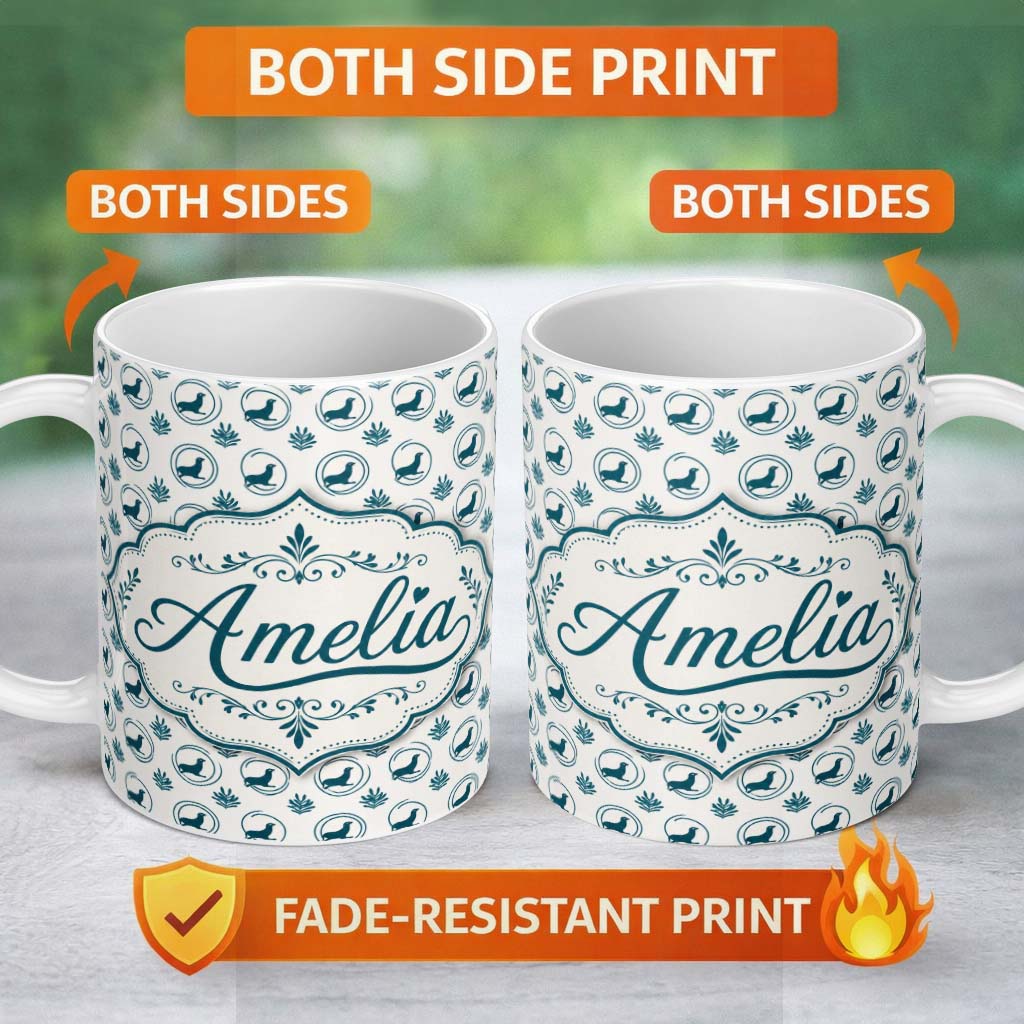 Personalized Custom Name Soft Watercolour Seal Faces with Sea Plants Pastel Seamless Pattern 11oz Ceramic Coffee Tea Mug White Large Handle