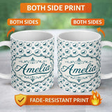 Personalized Custom Name Soft Watercolour Seal Faces with Sea Plants Pastel Seamless Pattern 11oz Ceramic Coffee Tea Mug White Large Handle