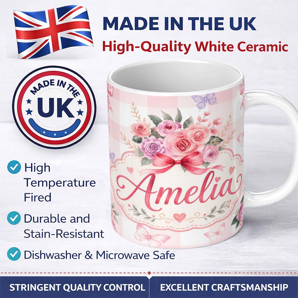 Personalized Custom Name Cute Watercolor Roses Bouquet with Red Ribbon Gingham Pink Lovely 11oz Ceramic Coffee Tea Mug White Large Handle