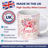 Personalized Custom Name Cute Watercolor Roses Bouquet with Red Ribbon Gingham Pink Lovely 11oz Ceramic Coffee Tea Mug White Large Handle