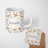 Personalized Custom Name Cute Dog Faces Paw Prints Bones White Background Seamless Pattern 11oz Ceramic Coffee Tea Mug White Large Handle