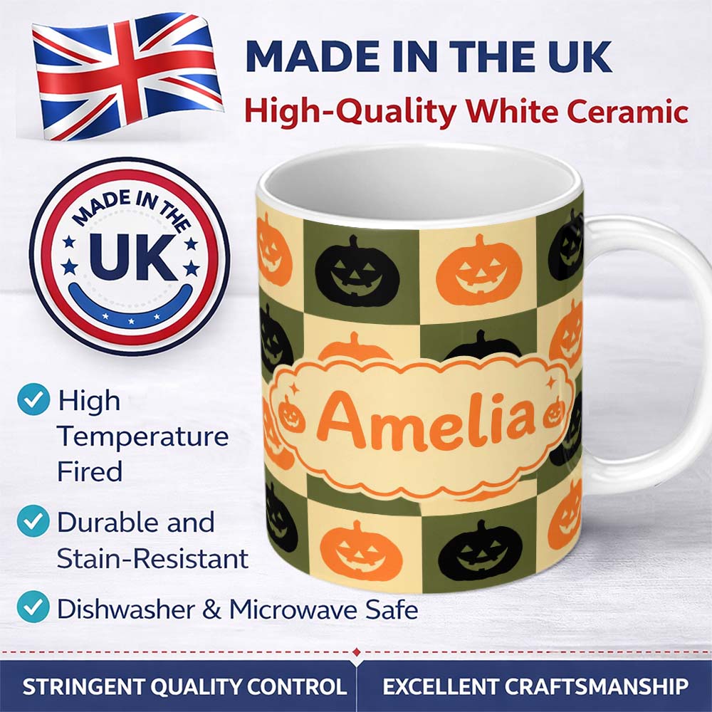 Personalized Custom Name Halloween Pumpkin Faces in Olive and Beige Checkerboard Seamless 11oz Ceramic Coffee Tea Mug White Large Handle