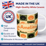 Personalized Custom Name Halloween Pumpkin Faces in Olive and Beige Checkerboard Seamless 11oz Ceramic Coffee Tea Mug White Large Handle