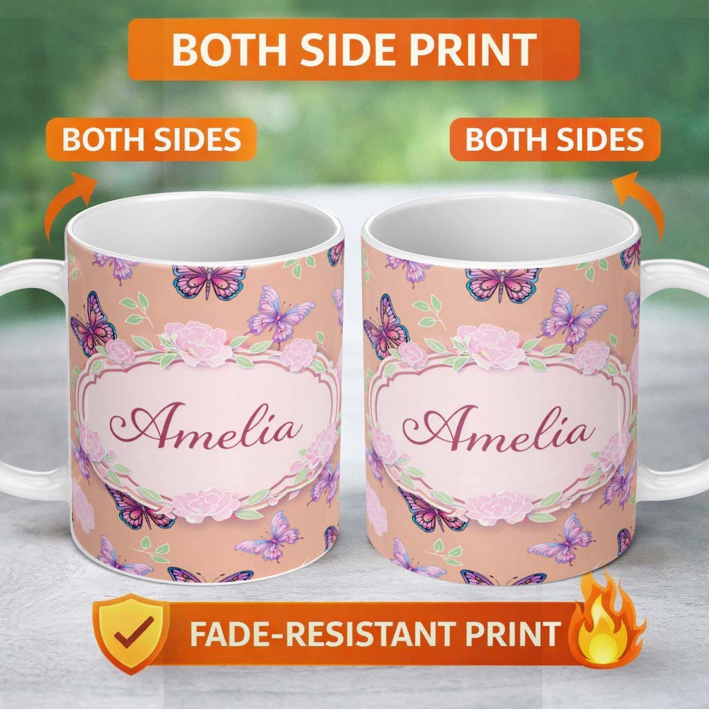Personalized Custom Name Pink Purple Butterfly Floral Peach Background Seamless Pattern 11oz Ceramic Coffee Tea Mug White Large Handle