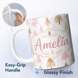Personalized Custom Name Elegant Gold Pink Christmas Tree Watercolor Seamless Pattern Lovely 11oz Ceramic Coffee Tea Mug White Large Handle