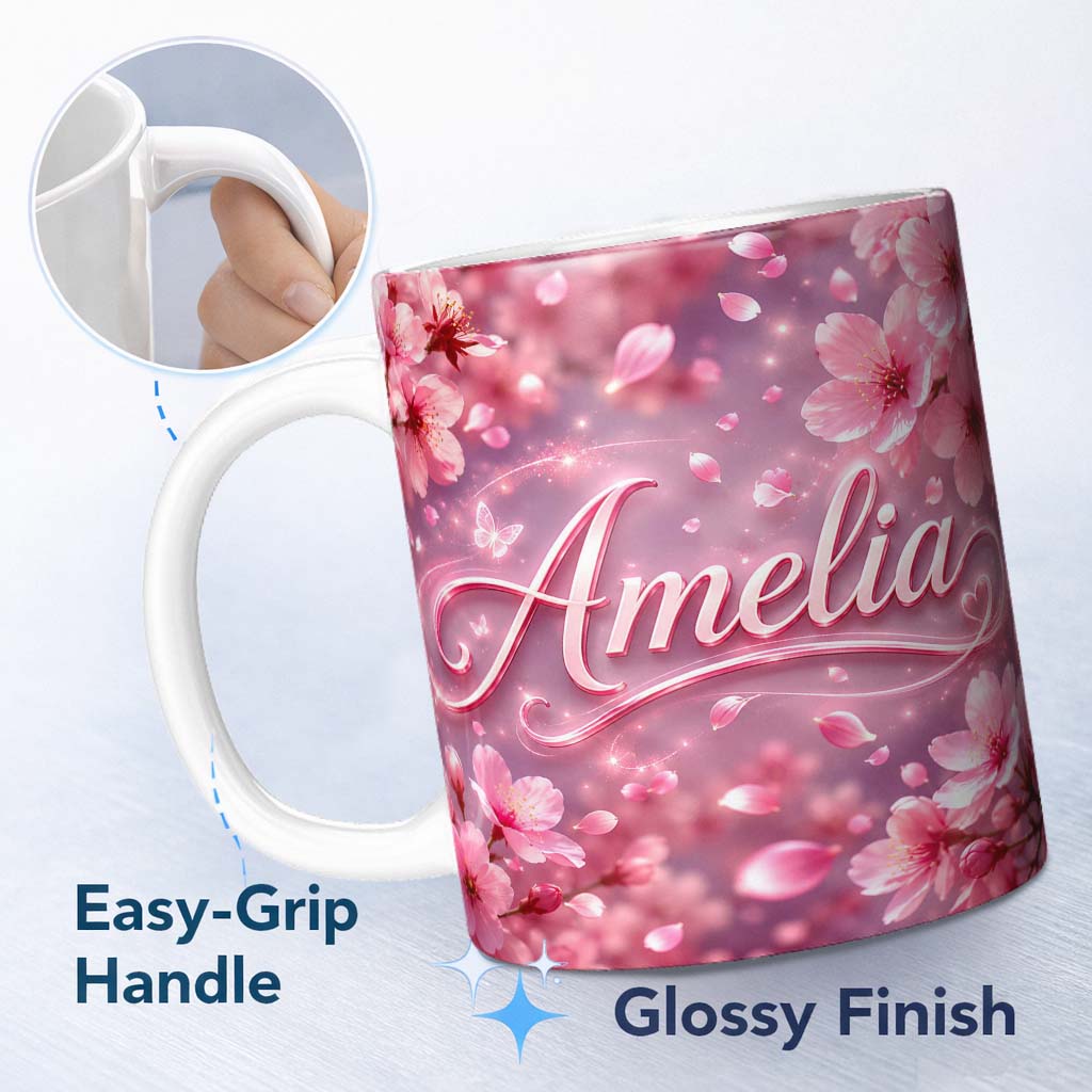 Personalized Custom Name Dreamy Pink Cherry Blossom Branches with Soft Focus Gentle Spring 11oz Ceramic Coffee Tea Mug White Large Handle