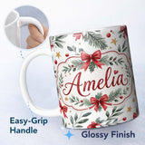 Personalized Custom Name Elegant Christmas Bows Holly Leaves Stars Festive Seamless Pattern 11oz Ceramic Coffee Tea Mug White Large Handle