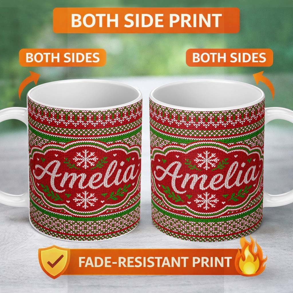 Personalized Custom Name Classic Red Green White Knit Stripe Pattern Nordic Christmas Sweater 11oz Ceramic Coffee Tea Mug White Large Handle
