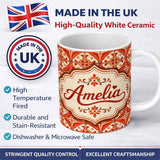 Personalized Custom Name Rust Red Vintage Geometric Tile Pattern with Cream Background Lovely 11oz Ceramic Coffee Tea Mug White Large Handle