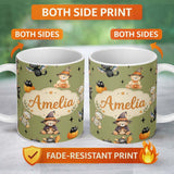 Personalized Custom Name Cute Halloween Teddy Bears Mummy Witch Cat Pumpkin Stars Olive 11oz Ceramic Coffee Tea Mug White Large Handle