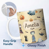 Personalized Custom Name Halloween Zombie Mummy Vampire Bat Spooky Cream Seamless Pattern 11oz Ceramic Coffee Tea Mug White Large Handle