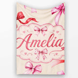 Watercolor Red Pink Ribbon Bows Warm Beige Background Cute Girly  Personalised Custom Name Super Soft Fleece Blanket Bed Sofa Throw