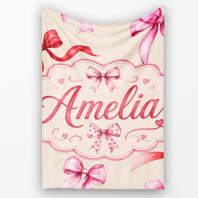 Watercolor Red Pink Ribbon Bows Warm Beige Background Cute Girly  Personalised Custom Name Super Soft Fleece Blanket Bed Sofa Throw