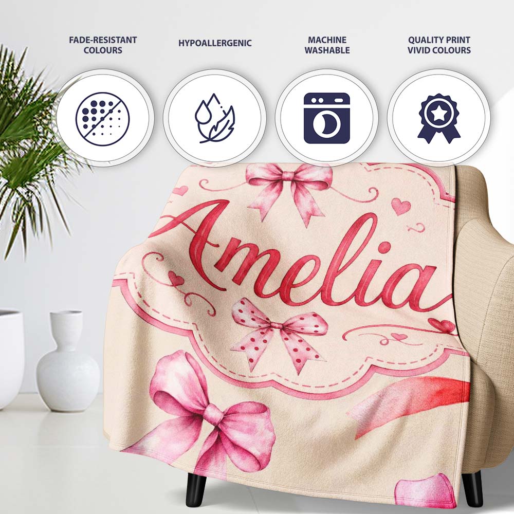 Watercolor Red Pink Ribbon Bows Warm Beige Background Cute Girly  Personalised Custom Name Super Soft Fleece Blanket Bed Sofa Throw