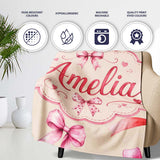 Watercolor Red Pink Ribbon Bows Warm Beige Background Cute Girly  Personalised Custom Name Super Soft Fleece Blanket Bed Sofa Throw