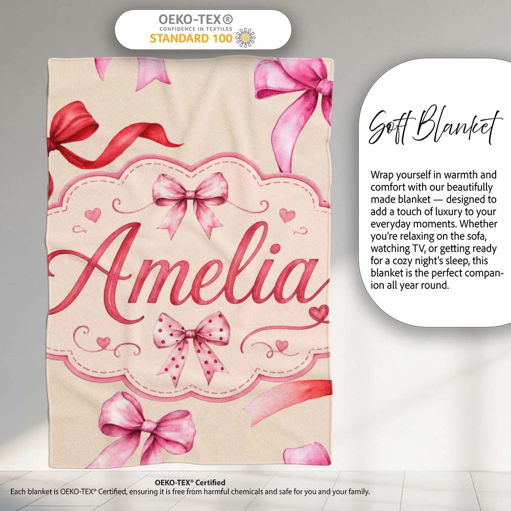 Watercolor Red Pink Ribbon Bows Warm Beige Background Cute Girly  Personalised Custom Name Super Soft Fleece Blanket Bed Sofa Throw