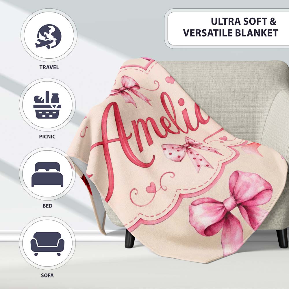 Watercolor Red Pink Ribbon Bows Warm Beige Background Cute Girly  Personalised Custom Name Super Soft Fleece Blanket Bed Sofa Throw