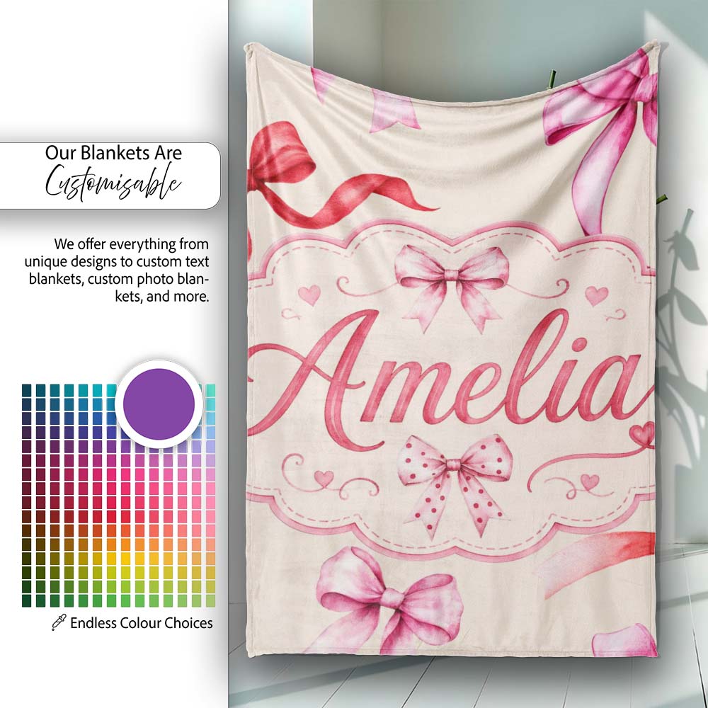 Watercolor Red Pink Ribbon Bows Warm Beige Background Cute Girly  Personalised Custom Name Super Soft Fleece Blanket Bed Sofa Throw