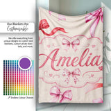 Watercolor Red Pink Ribbon Bows Warm Beige Background Cute Girly  Personalised Custom Name Super Soft Fleece Blanket Bed Sofa Throw