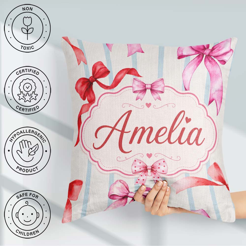 Custom Name Watercolor Red Pink Ribbon Bows Blue Stripe Girly Square Filled Cushion Throw Pillow Sofa Bed Home Decor Zip Washable UK Made