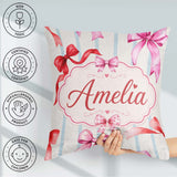 Custom Name Watercolor Red Pink Ribbon Bows Blue Stripe Girly Square Filled Cushion Throw Pillow Sofa Bed Home Decor Zip Washable UK Made