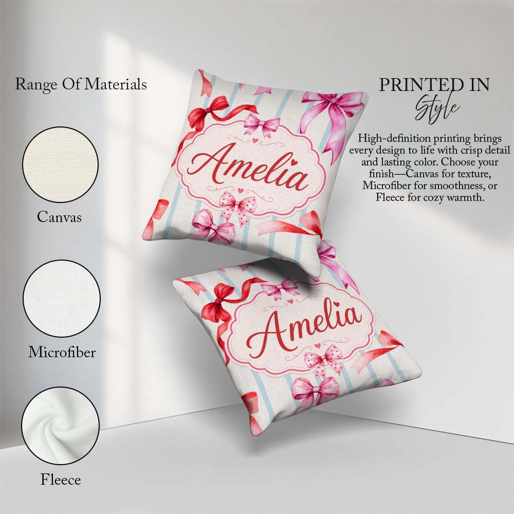 Custom Name Watercolor Red Pink Ribbon Bows Blue Stripe Girly Square Filled Cushion Throw Pillow Sofa Bed Home Decor Zip Washable UK Made