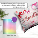 Custom Name Watercolor Red Pink Ribbon Bows Blue Stripe Girly Square Filled Cushion Throw Pillow Sofa Bed Home Decor Zip Washable UK Made