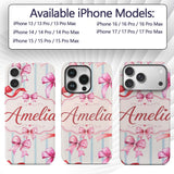 Watercolor Red Pink Ribbon Bows Printed Design Custom Name Protective Phone Case Mobile Cover Durable Everyday Smartphone Shock Resistant