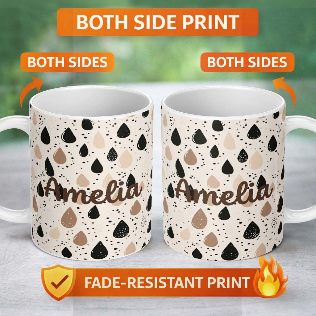 Personalized Custom Name Scattered Paint Droplets Black Beige Abstract Spot Pattern Lovely 11oz Ceramic Coffee Tea Mug White Large Handle