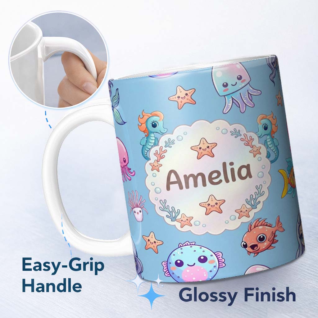 Personalized Custom Name Cute Kawaii Mermaid Seahorse Jellyfish and Starfish Blue Background 11oz Ceramic Coffee Tea Mug White Large Handle