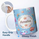 Personalized Custom Name Cute Kawaii Mermaid Seahorse Jellyfish and Starfish Blue Background 11oz Ceramic Coffee Tea Mug White Large Handle
