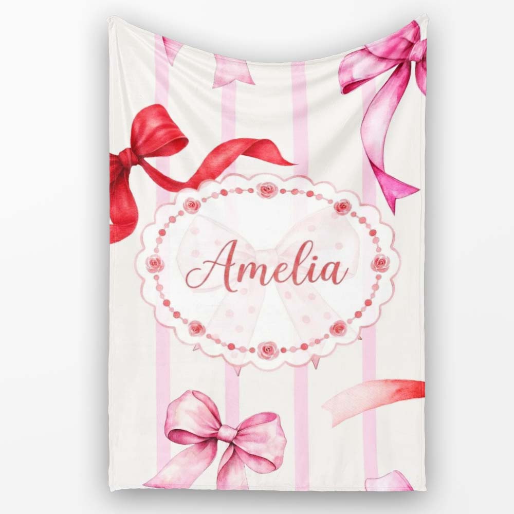Watercolor Red Pink Ribbon Bows Pink Stripe Background Cute Girly  Personalised Custom Name Super Soft Fleece Blanket Bed Sofa Throw