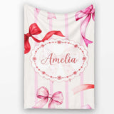 Watercolor Red Pink Ribbon Bows Pink Stripe Background Cute Girly  Personalised Custom Name Super Soft Fleece Blanket Bed Sofa Throw