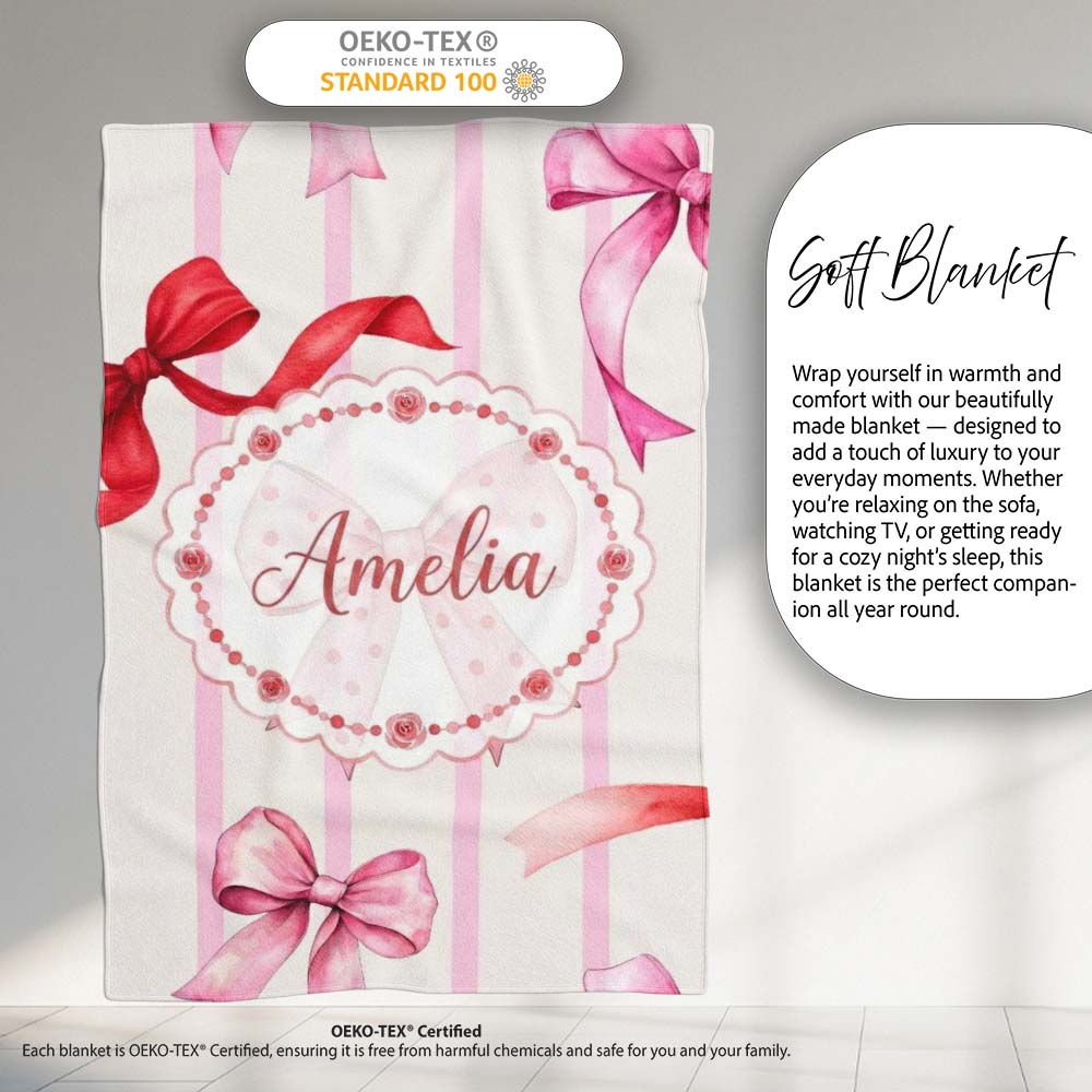 Watercolor Red Pink Ribbon Bows Pink Stripe Background Cute Girly  Personalised Custom Name Super Soft Fleece Blanket Bed Sofa Throw