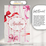 Watercolor Red Pink Ribbon Bows Pink Stripe Background Cute Girly  Personalised Custom Name Super Soft Fleece Blanket Bed Sofa Throw
