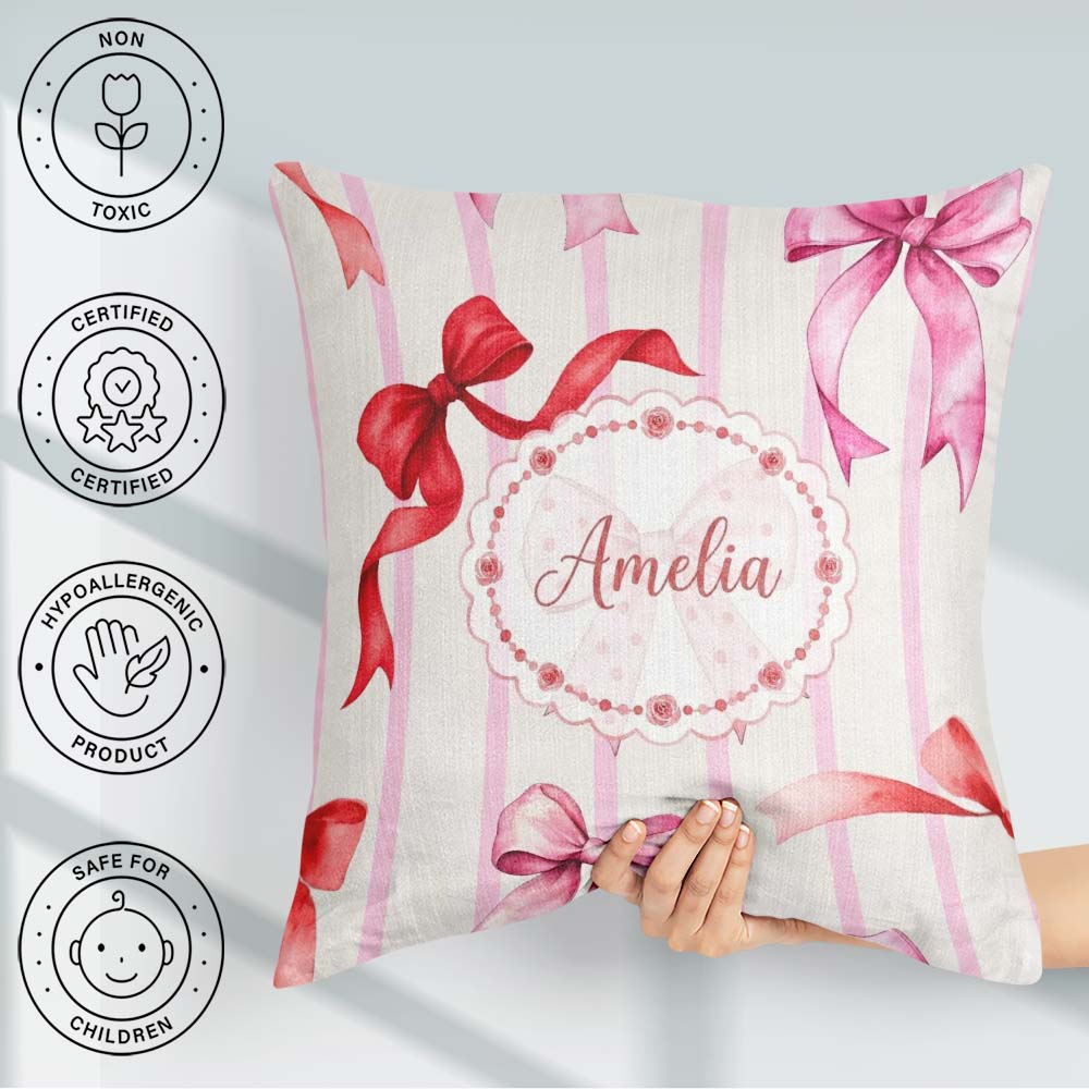 Custom Name Watercolor Red Pink Ribbon Bows Pink Stripe Girly Square Filled Cushion Throw Pillow Sofa Bed Home Decor Zip Washable UK Made