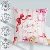 Custom Name Watercolor Red Pink Ribbon Bows Pink Stripe Girly Square Filled Cushion Throw Pillow Sofa Bed Home Decor Zip Washable UK Made