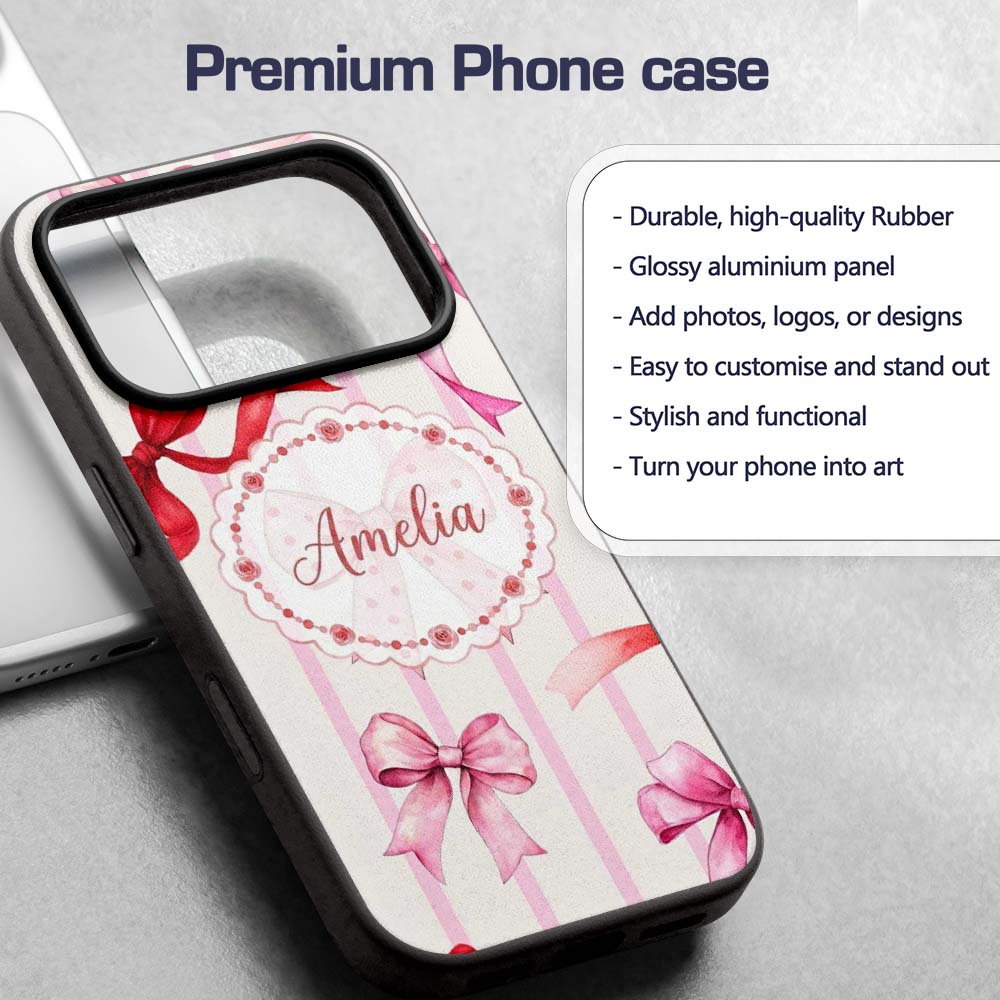 Watercolor Red Pink Ribbon Bows Printed Design Custom Name Protective Phone Case Mobile Cover Durable Everyday Smartphone Shock Resistant