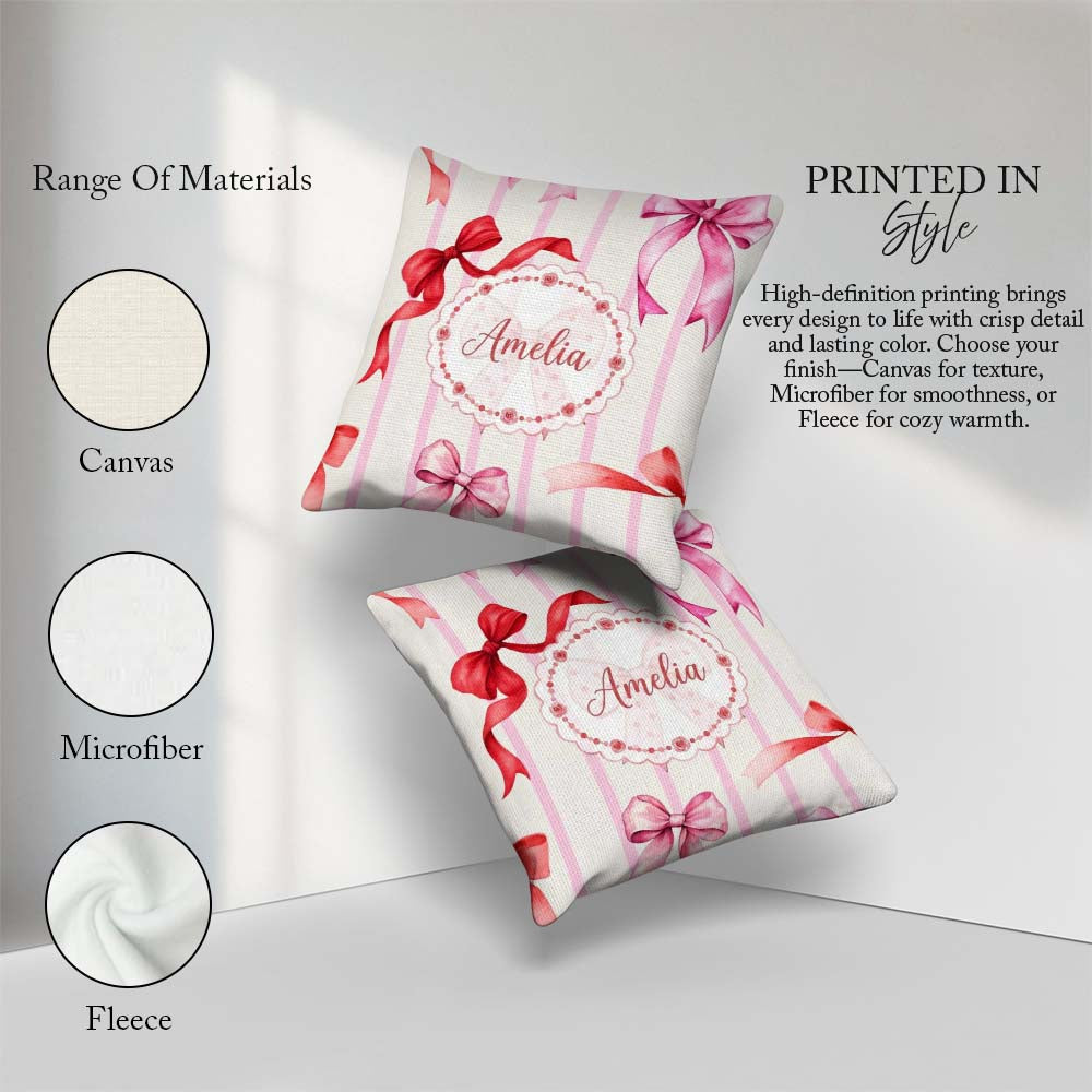 Custom Name Watercolor Red Pink Ribbon Bows Pink Stripe Girly Square Filled Cushion Throw Pillow Sofa Bed Home Decor Zip Washable UK Made
