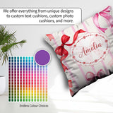 Custom Name Watercolor Red Pink Ribbon Bows Pink Stripe Girly Square Filled Cushion Throw Pillow Sofa Bed Home Decor Zip Washable UK Made