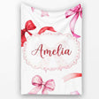 Watercolor Red Pink Ribbon Bows Light Grey Background Cute Girly  Personalised Custom Name Super Soft Fleece Blanket Bed Sofa Throw
