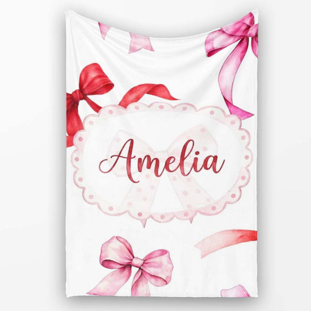 Watercolor Red Pink Ribbon Bows Light Grey Background Cute Girly  Personalised Custom Name Super Soft Fleece Blanket Bed Sofa Throw