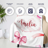 Watercolor Red Pink Ribbon Bows Light Grey Background Cute Girly  Personalised Custom Name Super Soft Fleece Blanket Bed Sofa Throw