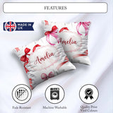 Custom Name Watercolor Red Pink Bows Light Grey Background Girly Square Filled Cushion Throw Pillow Sofa Bed Home Decor Zip Washable UK Made