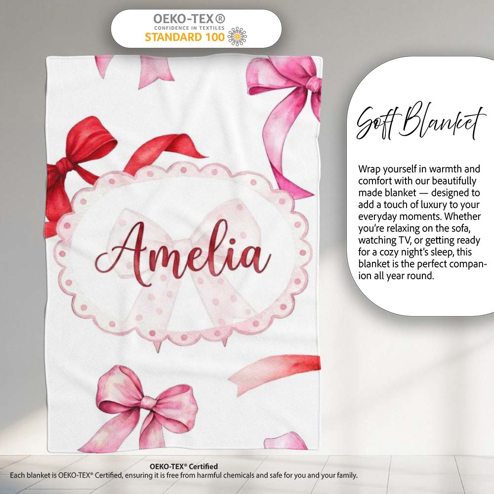 Watercolor Red Pink Ribbon Bows Light Grey Background Cute Girly  Personalised Custom Name Super Soft Fleece Blanket Bed Sofa Throw